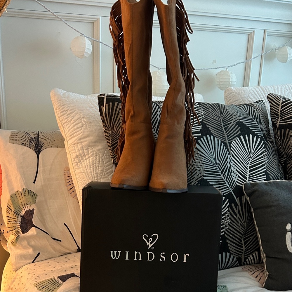 Windsor Cognac Suede Fringe Knee-High Boots - Picture 9 of 9